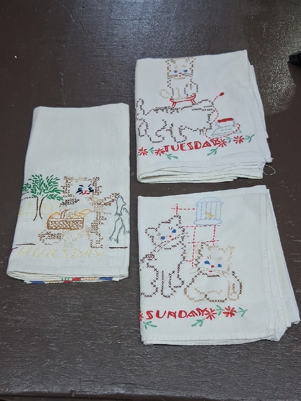 3 pc.Bundle of cross stitched dish towels with kittens and dog.